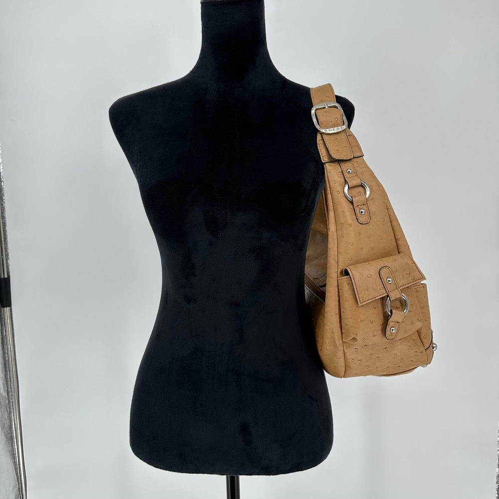 Vintage Guess Y2K Ostrich Faux Leather Shoulder Bag G Silver Studded 2000s - Picture 3 of 13